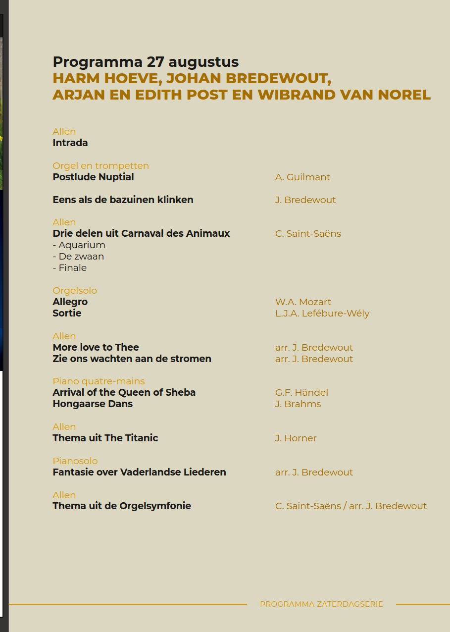 Programma - Harm Hoeve, Johan Bredewout, Arjan en Edith Post en Wibrand van Norel