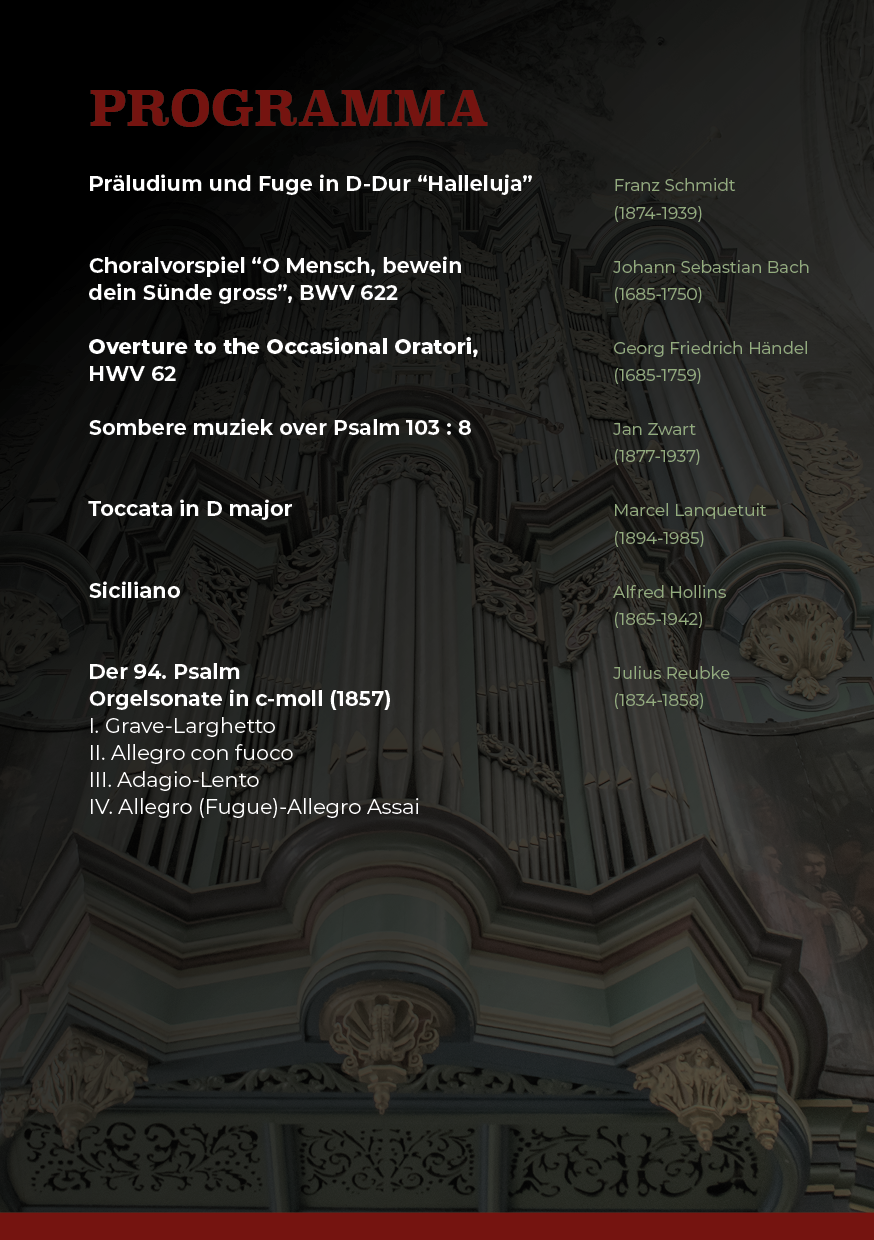 Programma - Feestelijk orgelrecital door Vincent de Vries