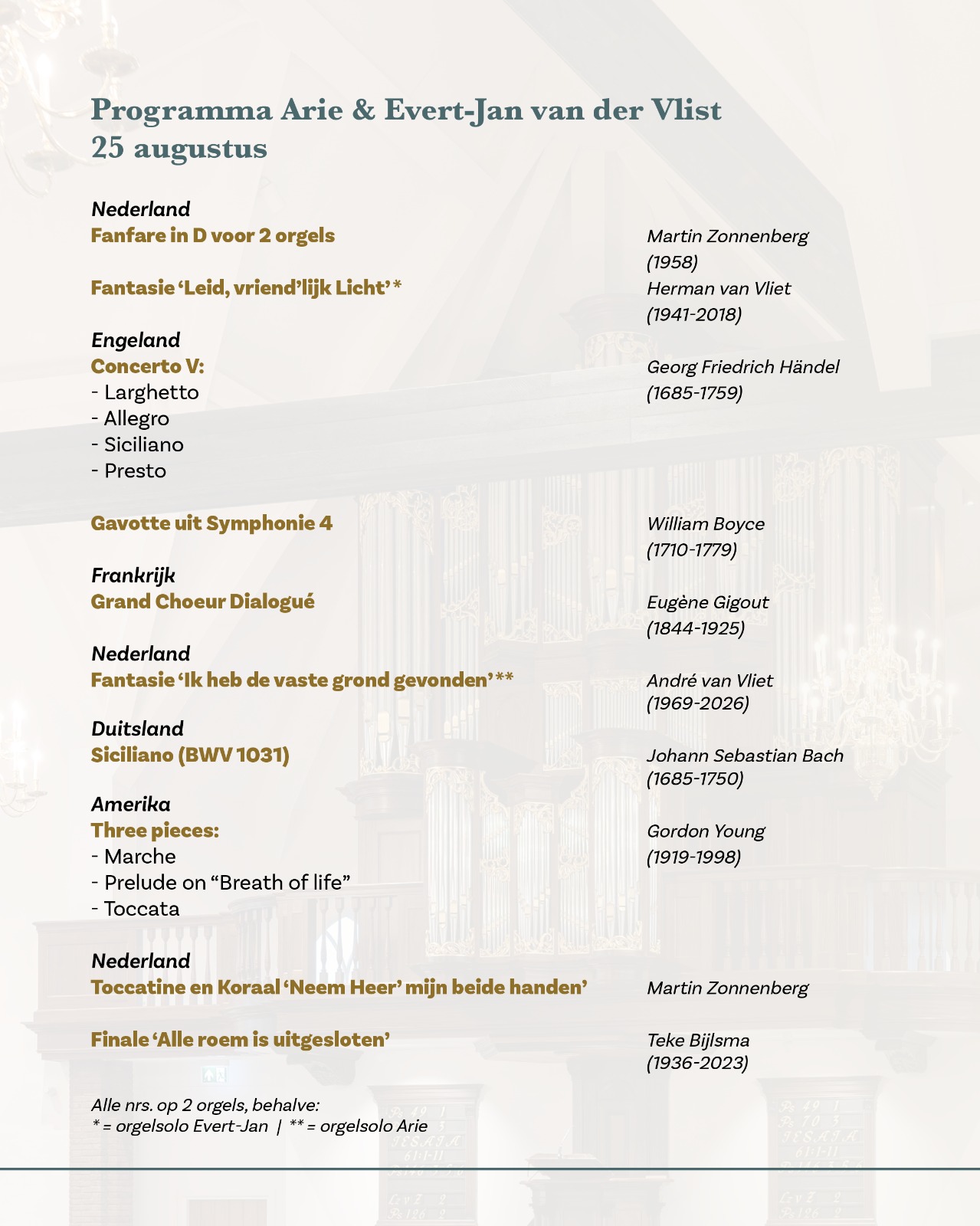 Programma - Arie en Evert-Jan van der Vlist in Ouderkerk aan den IJssel – 2026